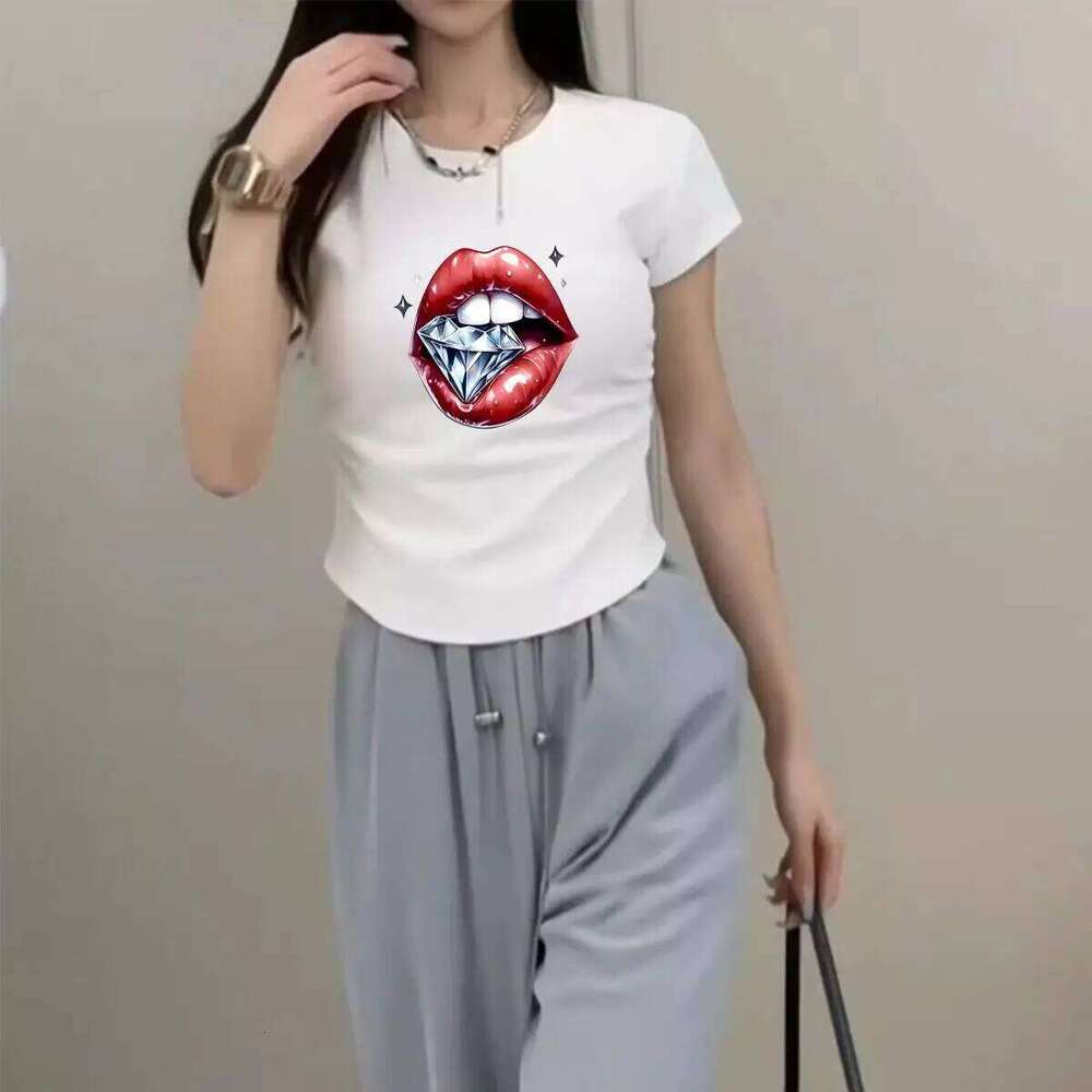 Women's Waist-Defining Elastic T Shirt Red Lips printed Short Sleeve Round Neck top tee Fashionable XJ260306