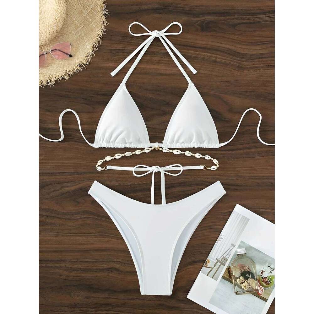 Triangle Bikini Set Decorated With Seashell Swimsuit Women Swimwear Female Sexy Bathers Bathing Swimming Swim Suit Beachwear XJ260206