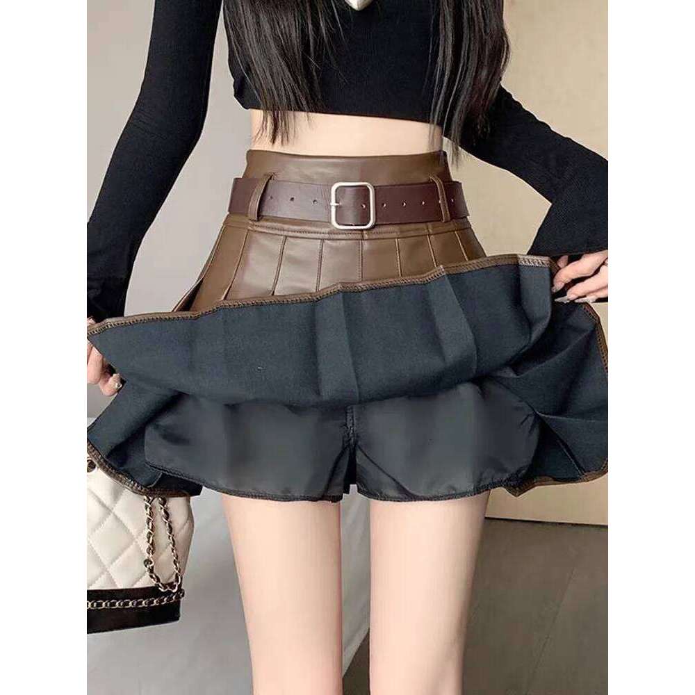 New 2025 Brown PU Leather Pleated Skirt: High Waist Slimming A-Line Mini Skirts for Petite Women - Spring Autumn XJ260309
