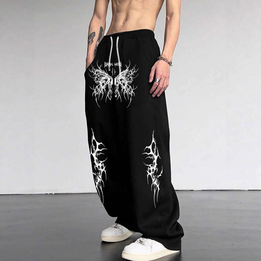 Spring And Autumn New Y2k Dark Gothic Print Loose Slimming Unisex Drawstring Sweatpants Wide Leg Joggers