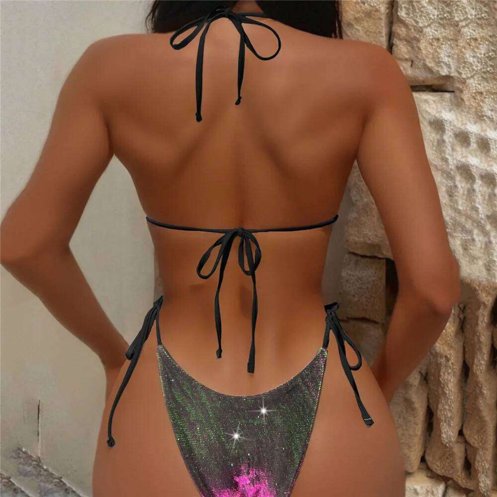 Shiny Purple String Halter Swimwear Triangle Bikinis Sets Swimsuit 2024 Micro Thong Lace-up Bathing Suit Sexy Bikini Mujer XJ260206
