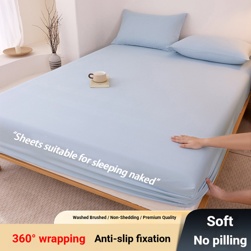 Class A Solid Color Washed Fitted Three-Piece Set Skin-Friendly Cotton Single Sheet Bed Dormitory Dustproof Mattress Cover