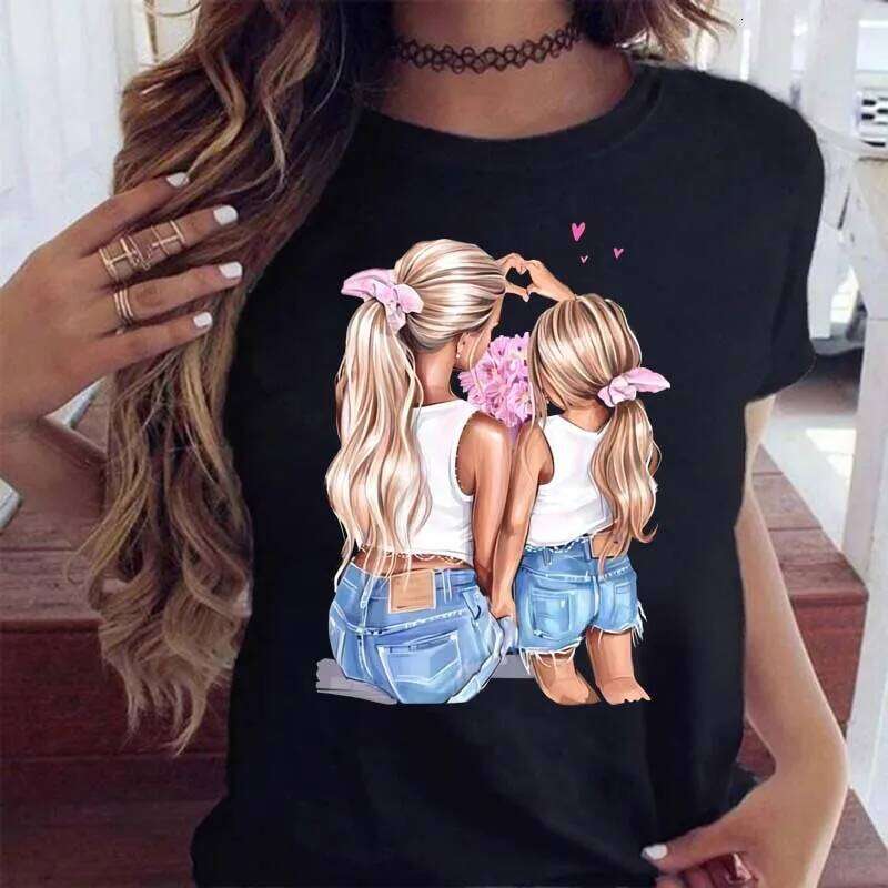 Maycaur Women Cartoon Mom with Sons Fashion Print Casual Woman Tee Ladies Female T-shirt Short Sleeve T Top Shirt XJ260306