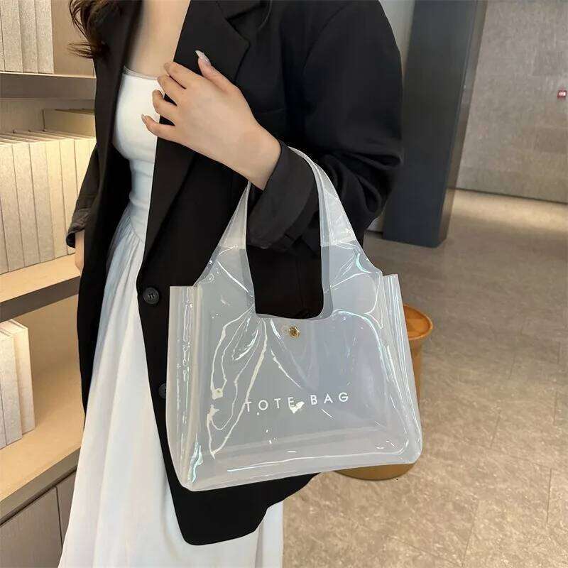 PVC Beach Bag Large Capacity Shoulder Magnetic Closure Clear Grocery Handbag Transparent Waterproof Storage Pouch Tote Bags H260309