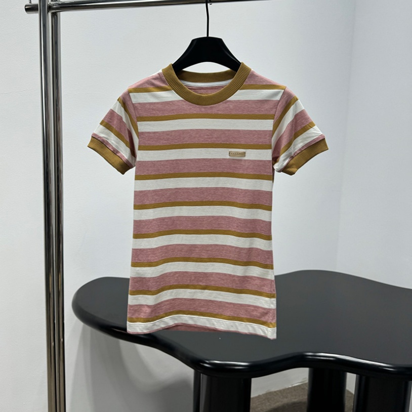 Luxury Vintage T Shirts Women Simple Contrast Color Striped Tees Summer Vacation Letter Round Neck Tees