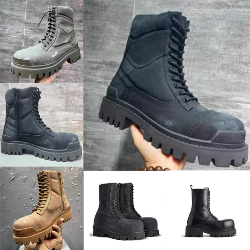 Distressed Strike Tractor Boots Designer Ankle Lace Up Boot Men Mens Zip Combat High Knight Black Genuine Leather Embossed Shoes