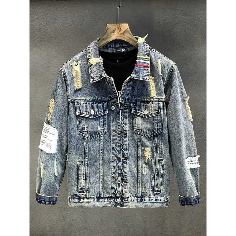 Spring and Autumn New Mens Fashion Slim Fit Popular Jacket Broken Hole Embroidery Denim Coat M260309