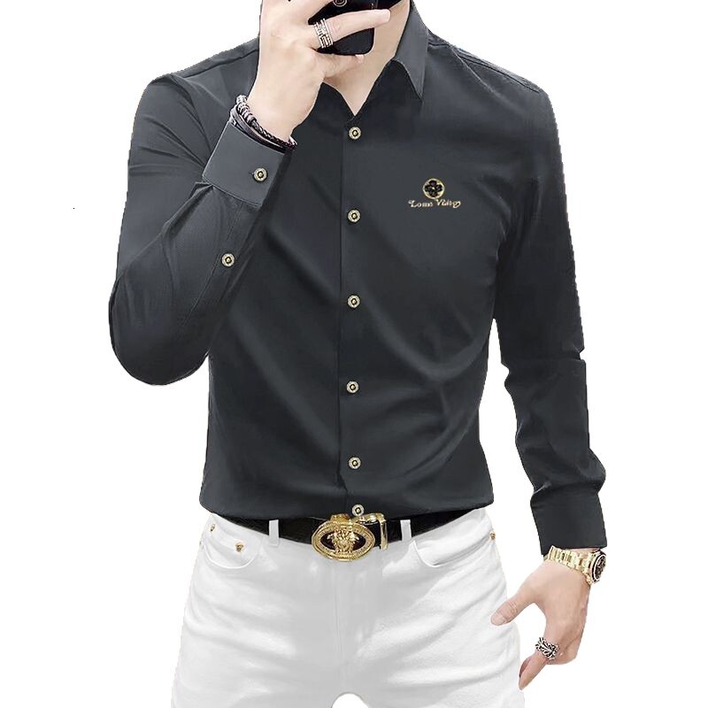Luxury Brand Designer Clothes High-End New Anti-Wrinkle Trendy Brand Men's Long-Sleeve Slim-Fit Business Casual Seamless Shirt