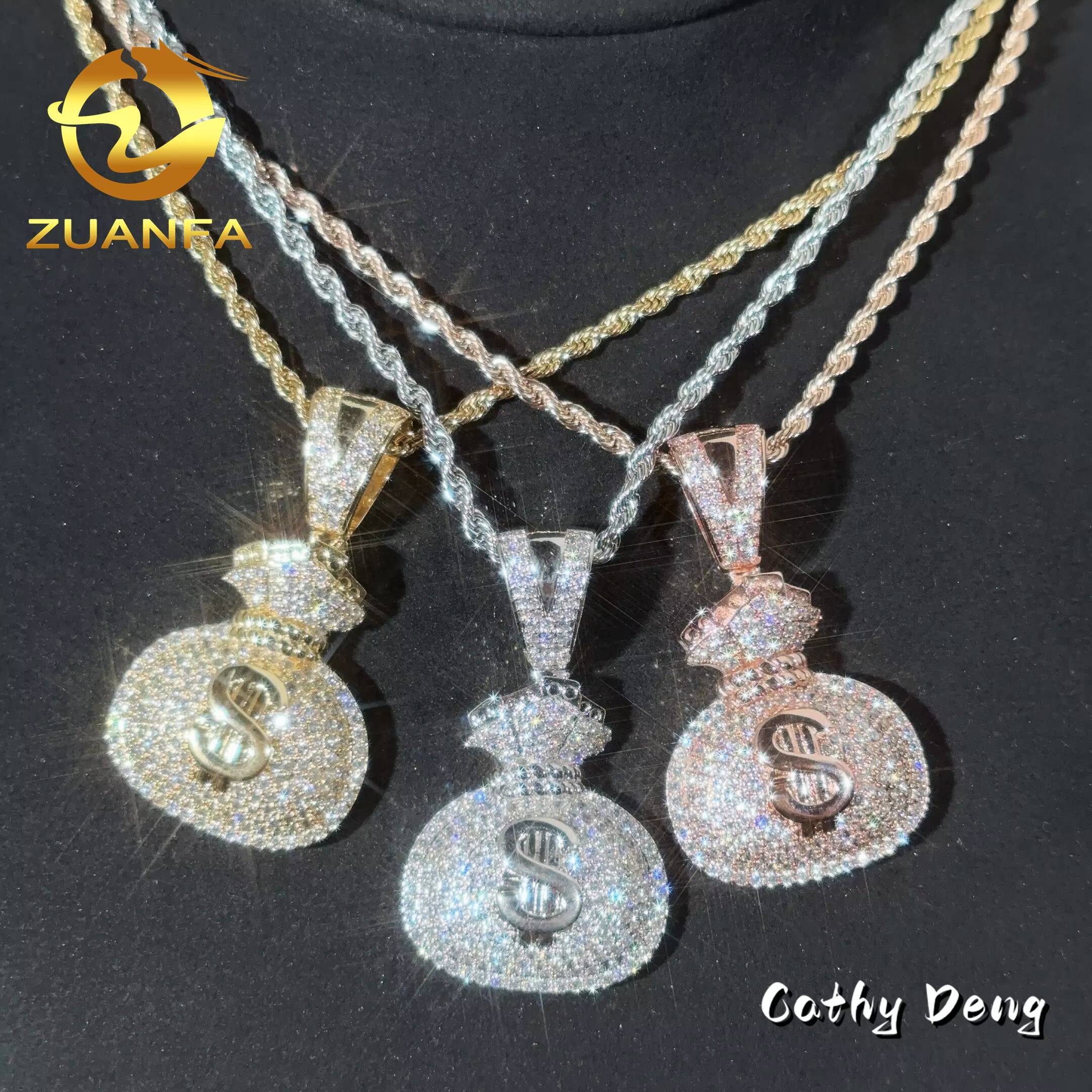 48h Shipping 925 Solid Silver Lucky Money Bag Moisssanite Pendant Hip Hop Jewelry Iced Out Pendant Free Rope Chain