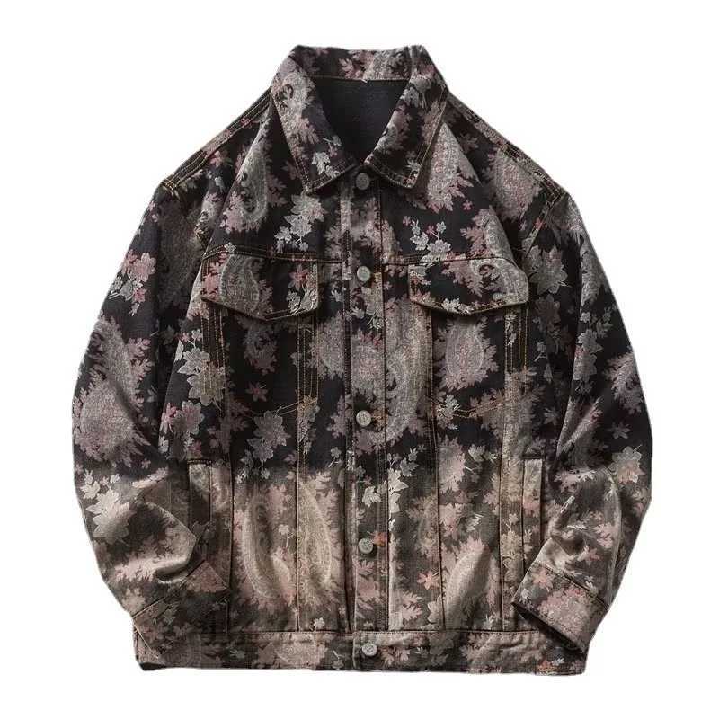 Streetwear Hip Pop Retro Cashew Flower Denim Jackets Mens Clothing 2025 Spring Fashion Outerwear Loose Casual Lapels Jacket Men M260309
