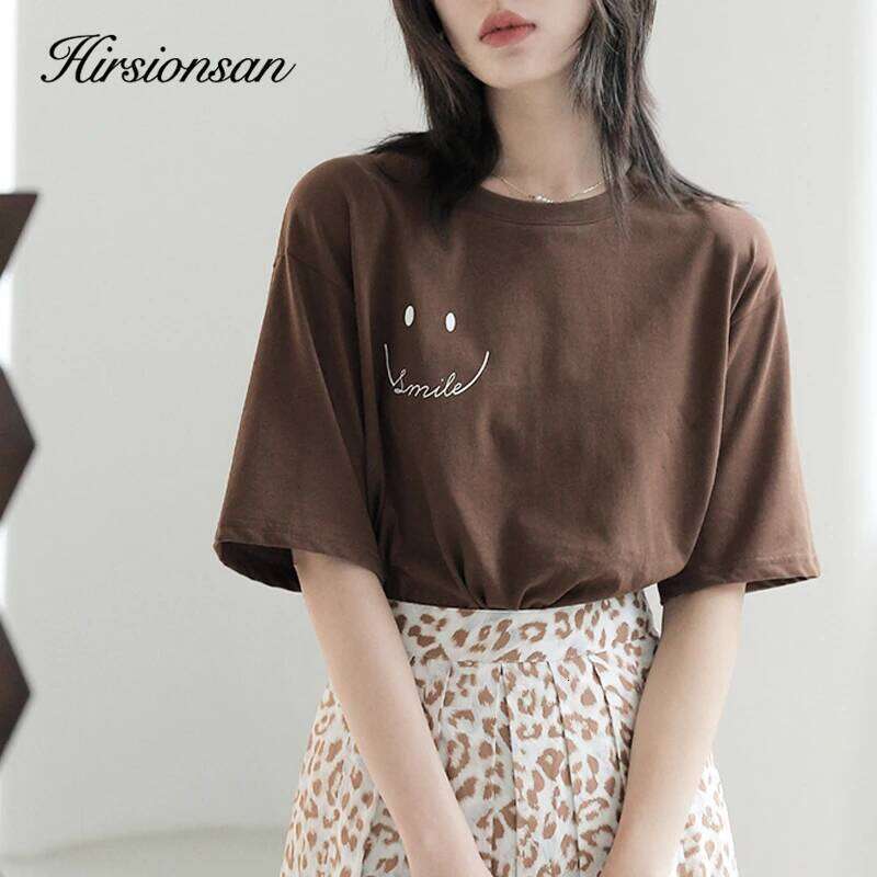 Hirsionsan Letter Print Summer T Shirt Women Vintage Smile Graphic Female Tops Harajuku Soft 100% Cotton Tees New Basic Tshirts XJ260306