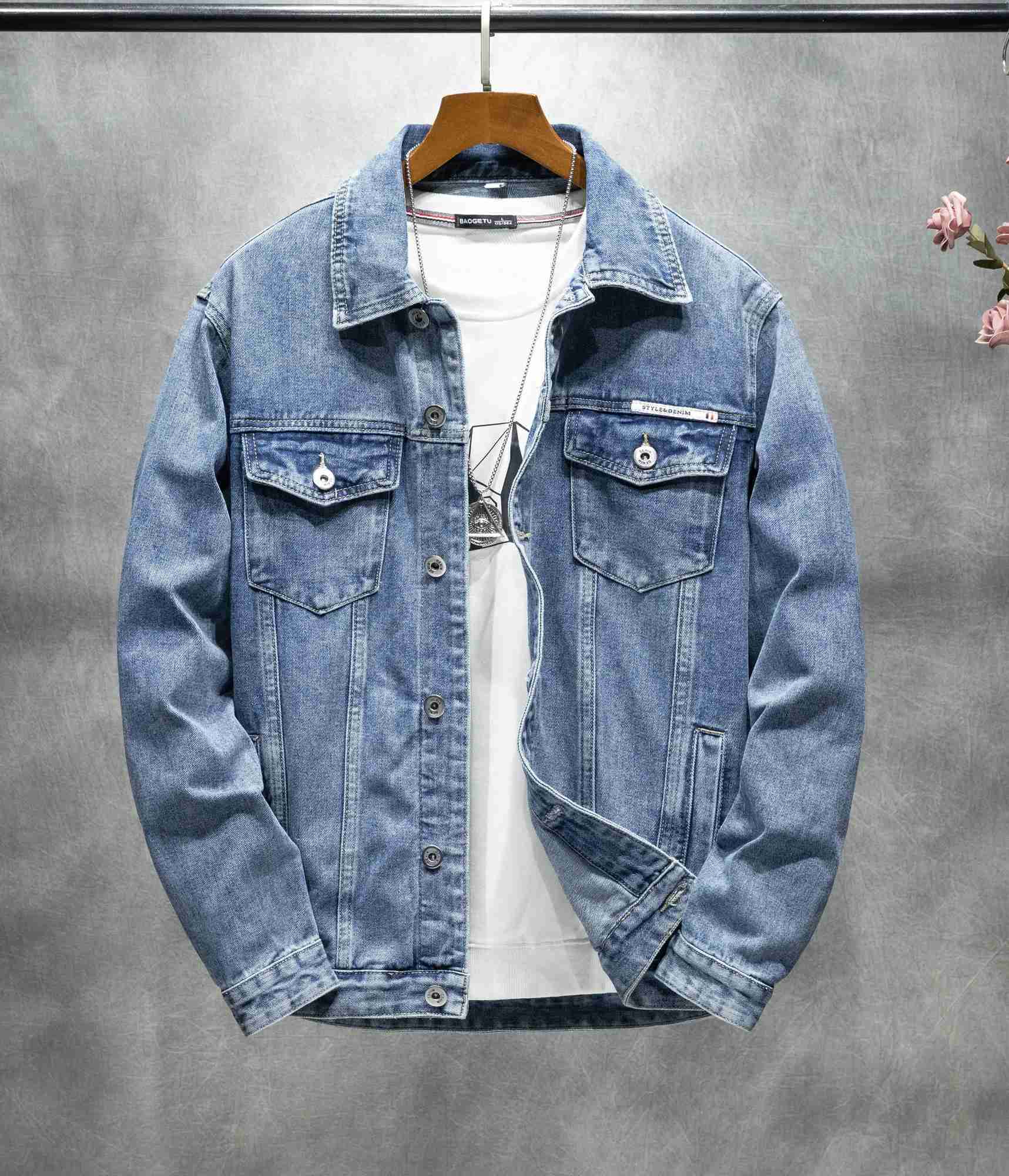 Mens American-style autumn vintage classic style versatile large size workwear denim non-stretch jacket M260309