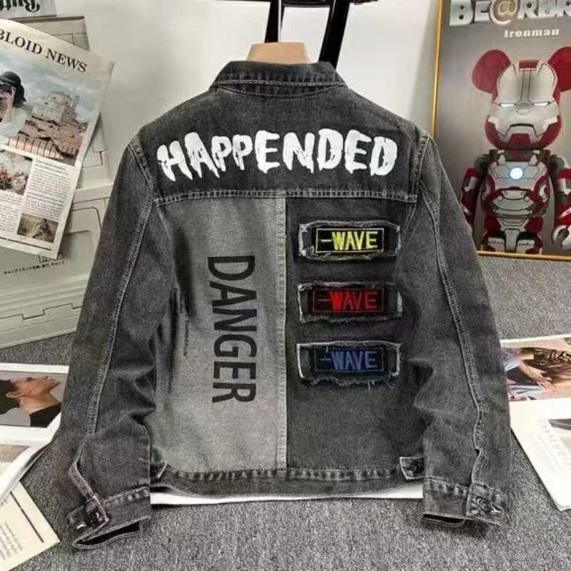 Men Vintage Denim Jacket Handsome Embroidery Jean Patchwork Long Sleeve Classic Outerwear Windbreaker Spring Autumn Coat M260309