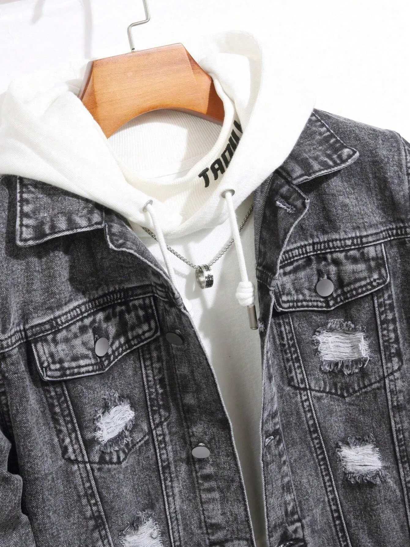1Pc Y2Kmens Four Seasons Destroyed Washed Light Jacket Daily American Street Casual Denim Jacket No Hood/No Accessories M260309