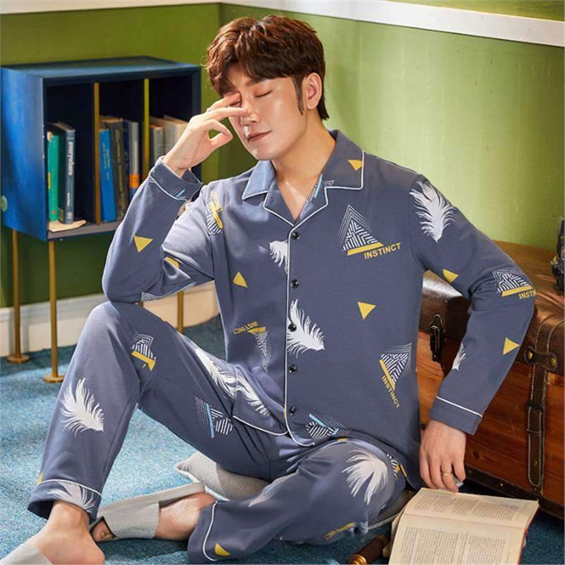 Men's Pajamas Spring Autumn, New Pure Cotton Cardigan With Sleeves And Long Pants, Korean Style Casual Home Set Suitable For Outdoor Wear