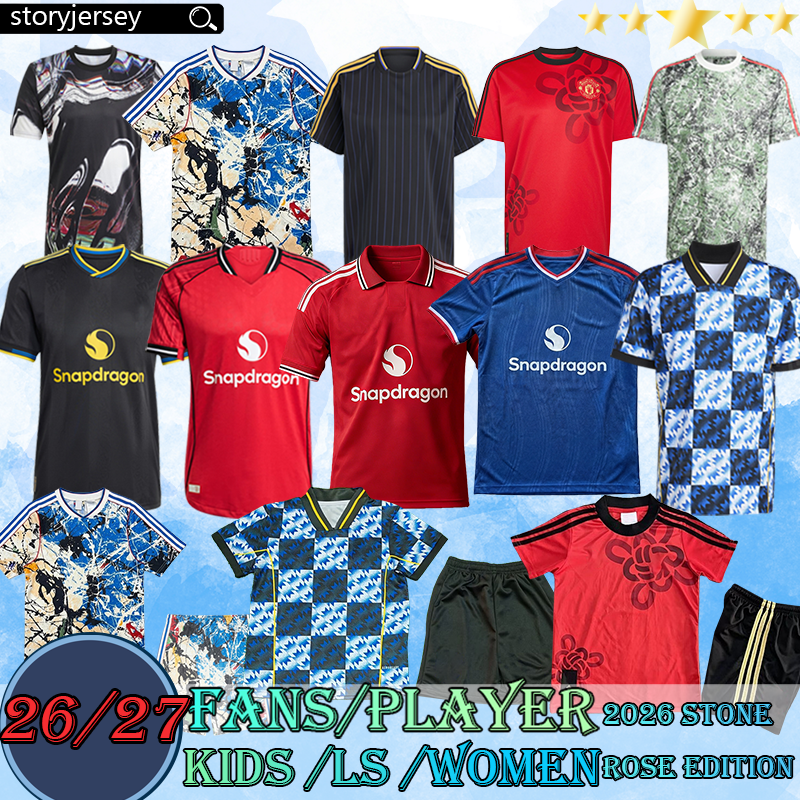 26 27 ManUniteds soccer jerseys Pre Match Fans Player FERNANDES Man football shirt Stone Roses Lifestyle MUTDES Icons Shirts CUNHA kit kids 2025 Lucky Knot set 199
