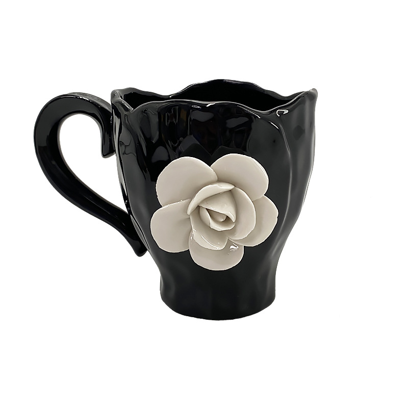 Luxury Porcelain Coffee Mugs Artisan Shaped White Rose Saucer Realistic Flower Cup Drinking Utensils Home Kitchen Cozy Tea Break Decor