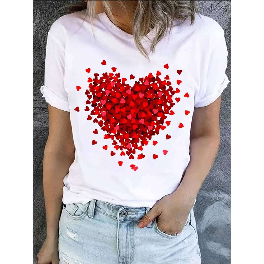 Heart Print T-Shirt For Valentine's Gifts, Crew Neck Short Sleeve T-Shirt, Casual Every Day Tops, Women's Clothing XJ260306