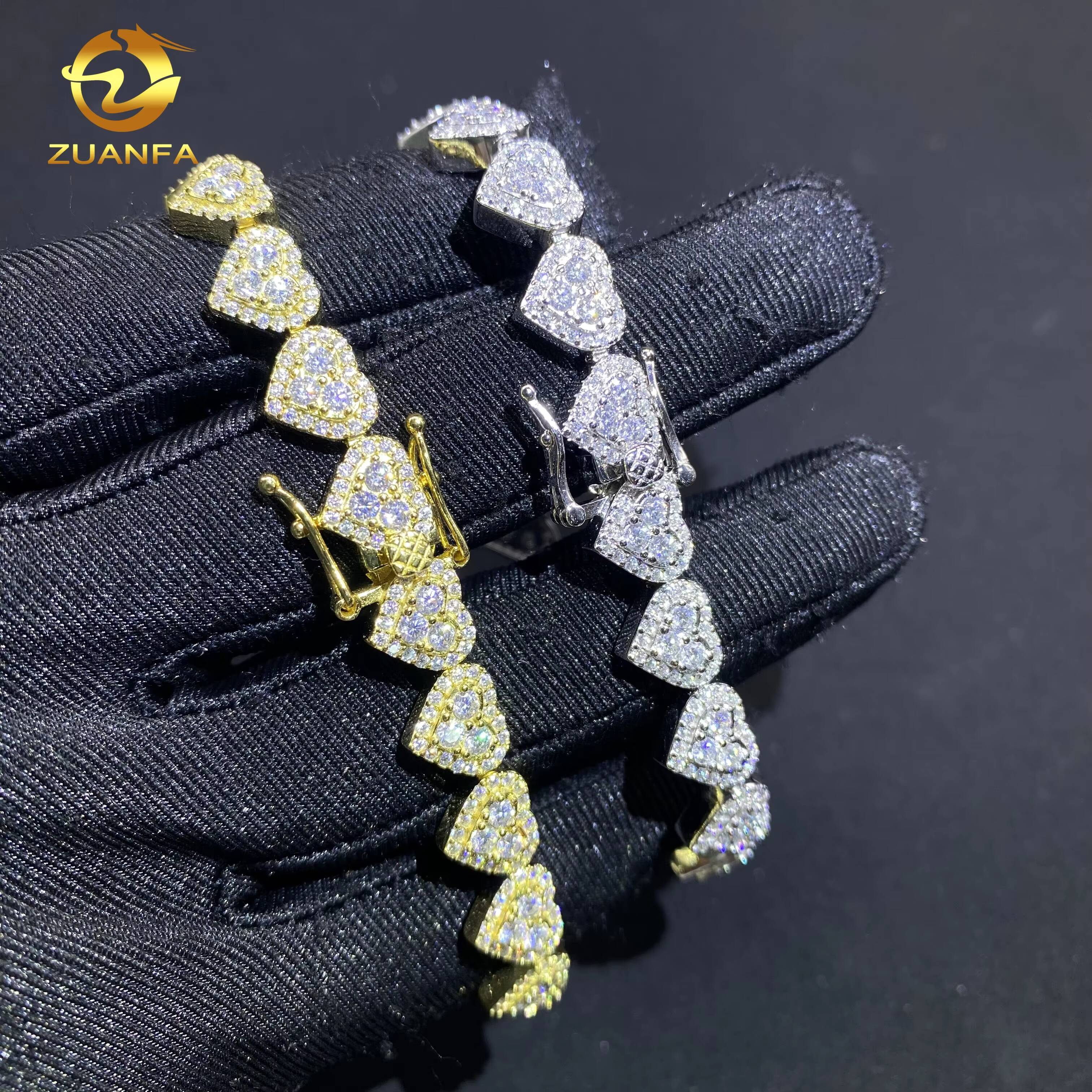 8mm Heart Shape Hip Hop Jewelry Iced Out Diamond Cuban Link Chain 925 Sliver VVS Moissanite Miami Cuban Chain Bracelet