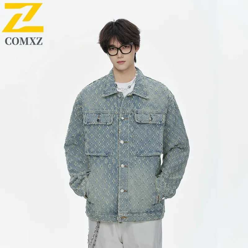 COMXZ 2025 Spring Fashion Distressed Brushed Plus Size Unisex Color Block Denim Jacket J8813 P65 Special Price M260309