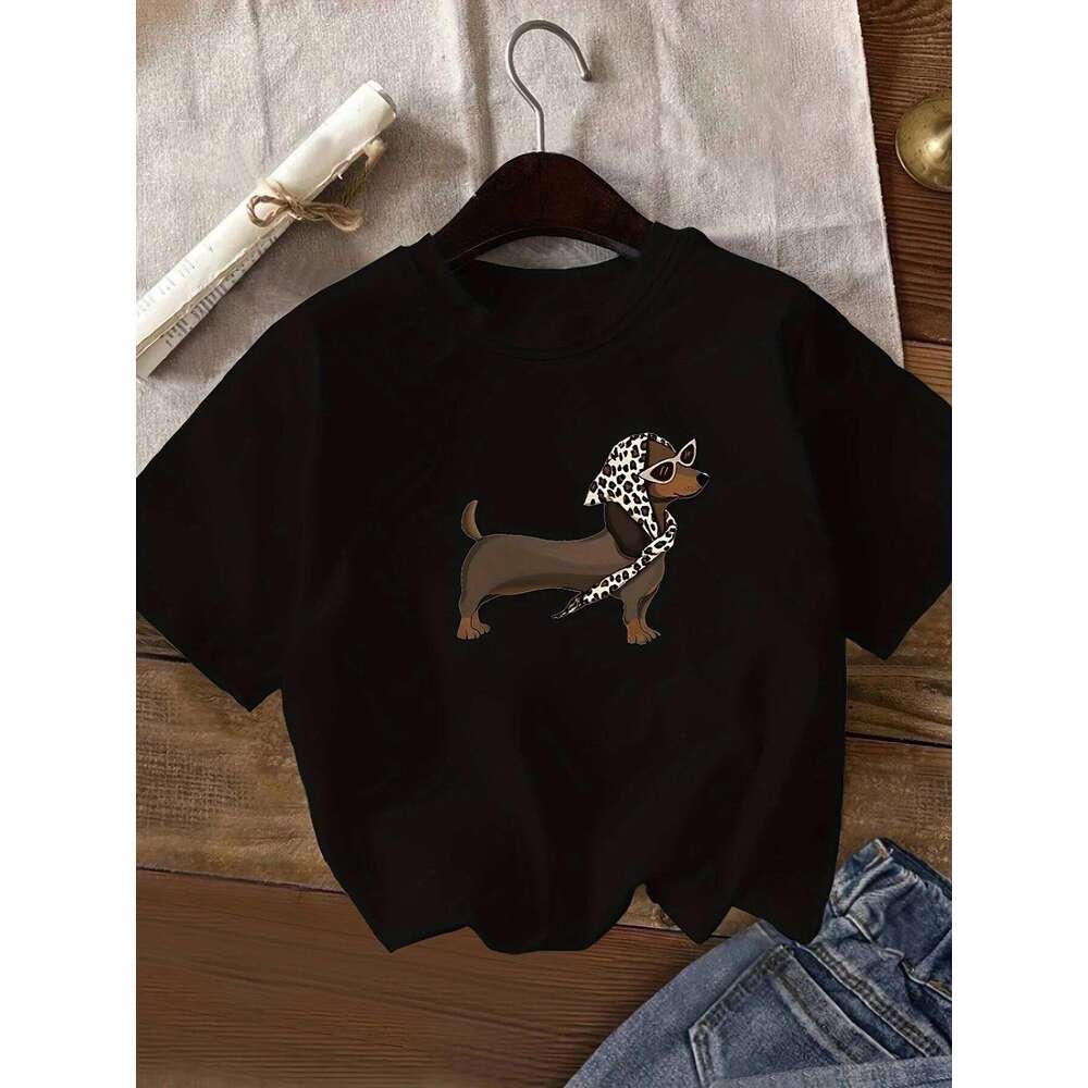 Y2K Clothing Women's Casual Dachshund Leopard Print Short Sleeve T-Shirt White Crew Neck Summer Tops Soft and Comfortable XJ260306