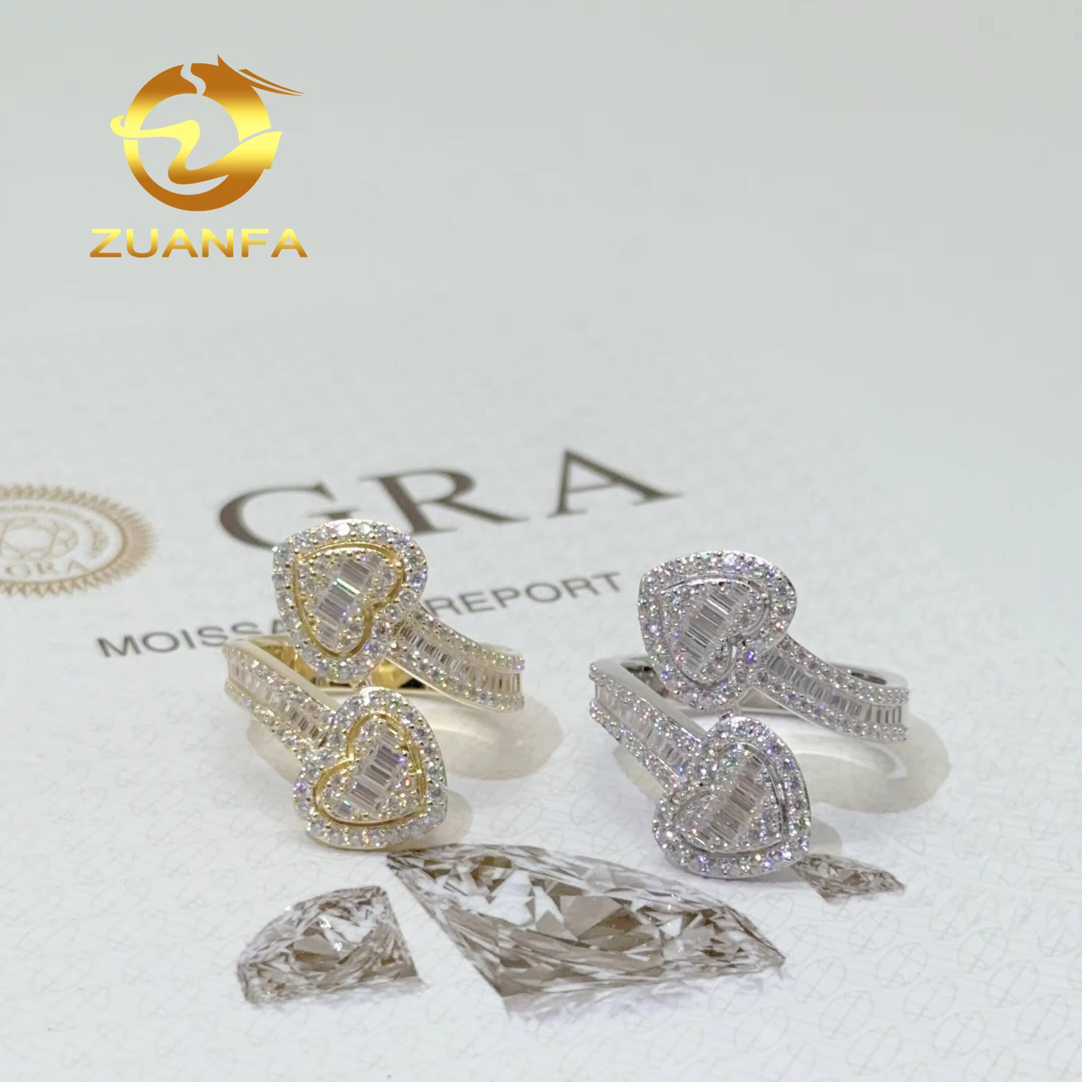 Fashion Jewelry baguette Cut Heart VVS Moissanite 925 Silver Curved Band Luxury Hiphop Ring