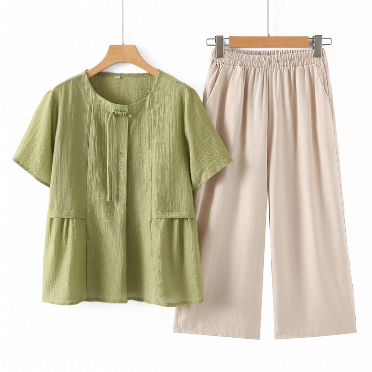 Middleaged Moms Summer Casual Fashion Tshirt Set 2025 Style for Middleaged and Elderly Agereducing Loose Slimming Top 210603