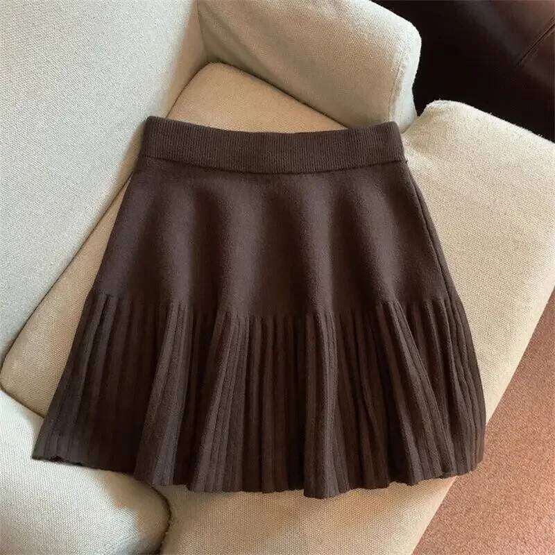 2026 Autumn Winter Women's Elastic High Waist Pleated Mini A-line Hip-hugging Knitted Bottoming Skirt For Outer Wear XJ260309