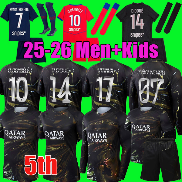 KVARATSKHELIA O.DEMBELE JOAO NEVES DRO FERNANDEZ 25 26 soccer jersey D.DOUE Maillot de foot 2026 HAKIMI N.MENDES BARCOLA PACHO men kids set maillot enfants five 5th Kit