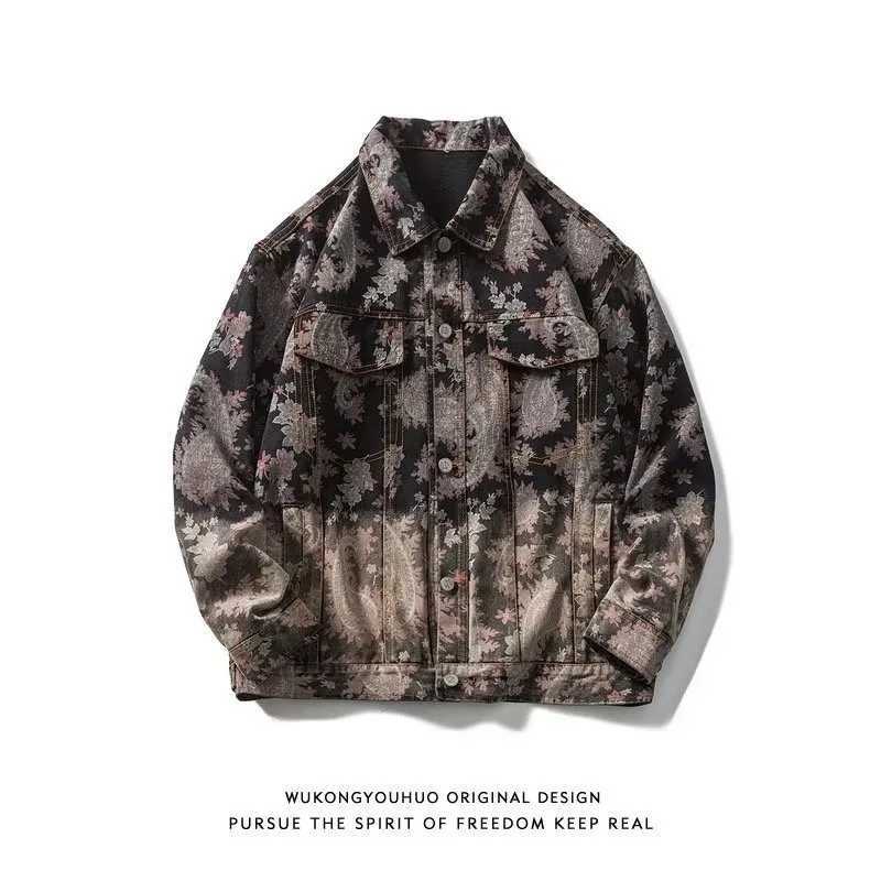 Streetwear Hip Pop Retro Cashew Flower Denim Jackets Mens Clothing 2025 Spring Fashion Outerwear Loose Casual Lapels Jacket Men M260309
