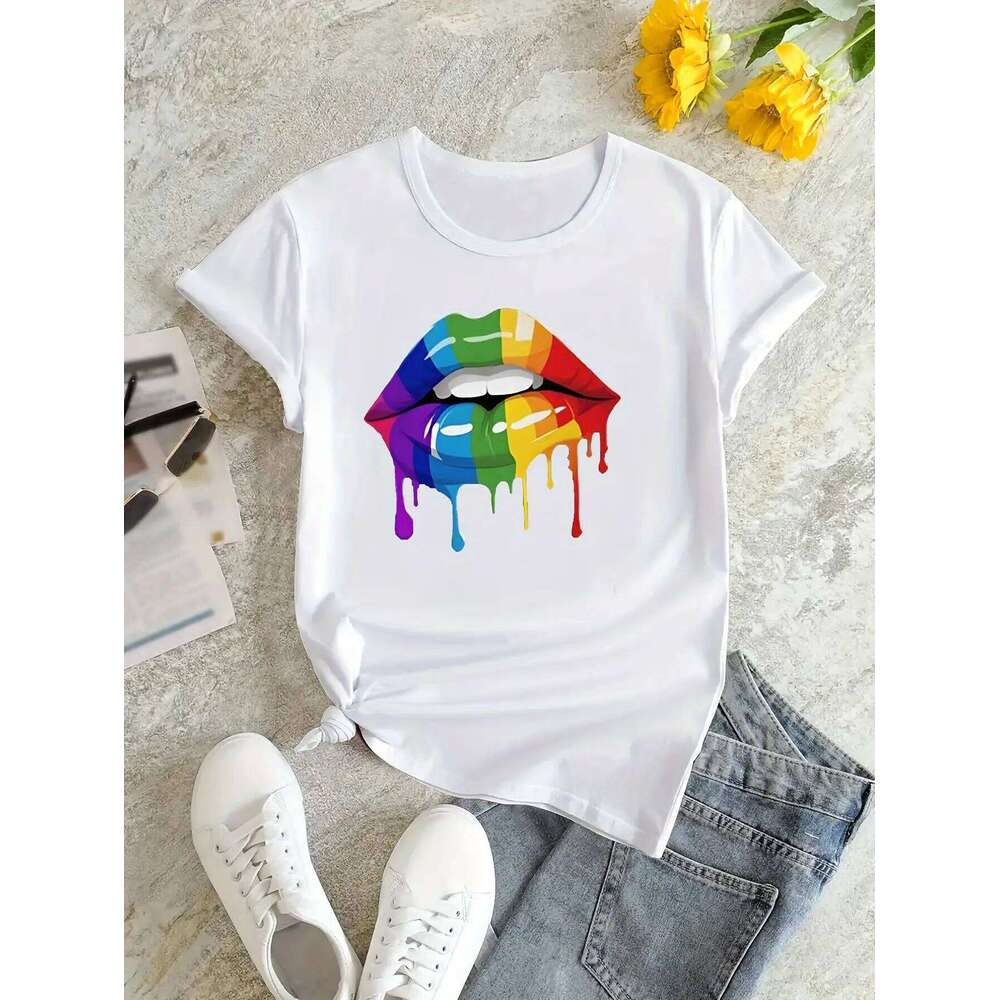 Women's Vibrant Multicolored Print Casual Crew Neck T-Shirt 2023 Collection Fashion Top for Spring Summer Short Sleeve XJ260306