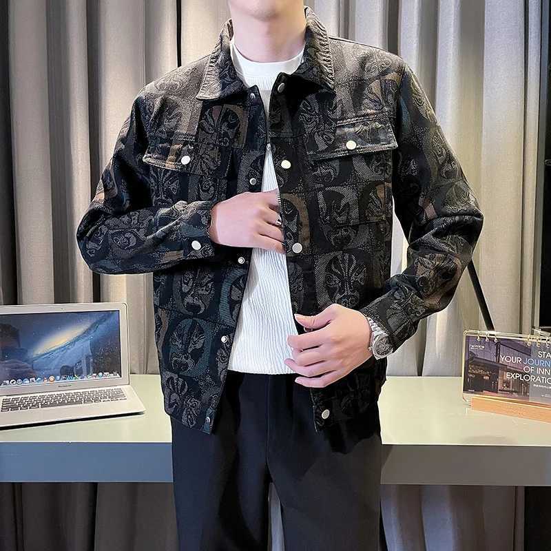 Stylish Autumn New Washed Mens Denim Jacket with Jacquard Print Pattern M260309