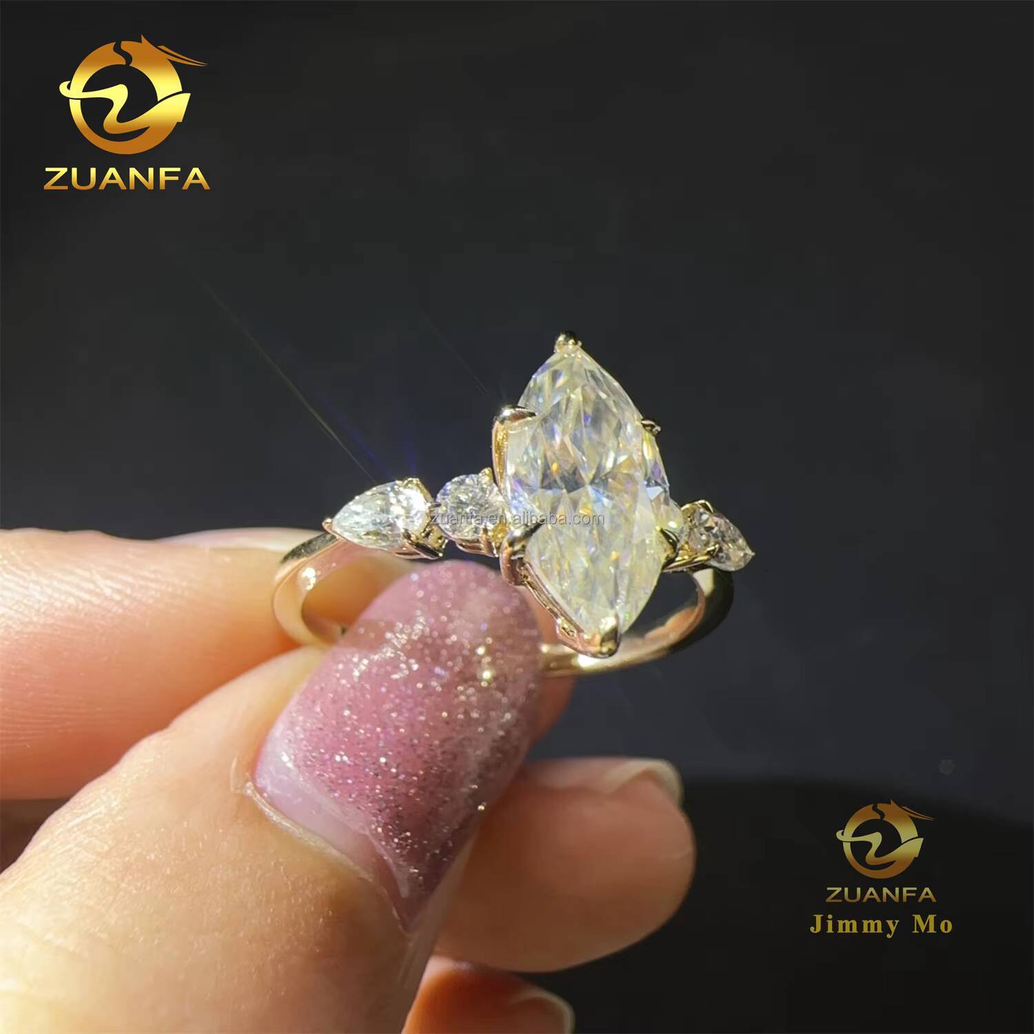 Custom Made Elegant Luxury GRA 9k Yellow Gold Bridal Gorgeous 3ct MarquisePear VVS1 Moissanite Diamond Engagement Band Ring