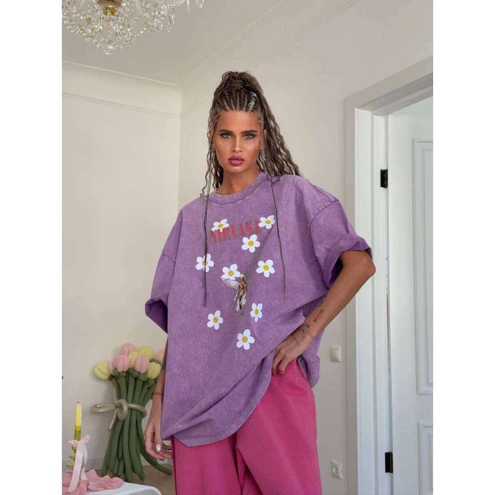 Sumuyoo Women's Retro Printed T-shirt Cotton Men Vintage Short-sleeve Wax Printing T Shirts Fashion Hip Hop Loose Fflower Tees XJ260306