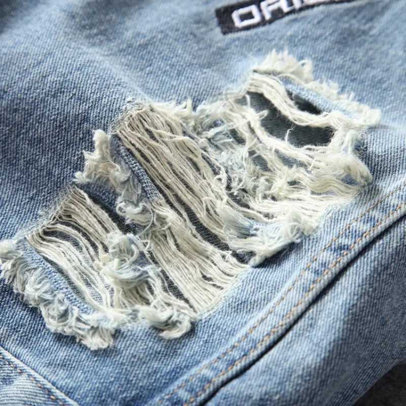 Spring New Lapels Denim Jacket Embroidered Letter Designs Spliced Coats Light Blue Hip-hop Ripped Men Jackets Mens Clothing M260309