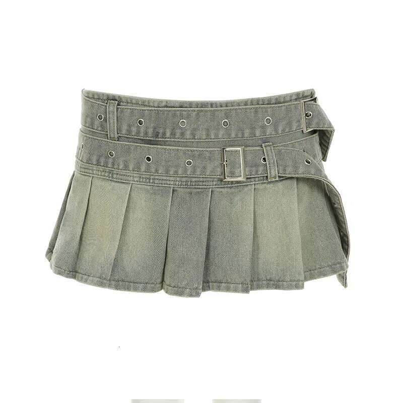Vintage Low Waist Mini Denim 2025 Summer Fashion Square Buckle Big Belt Pleated Skirt XJ260309
