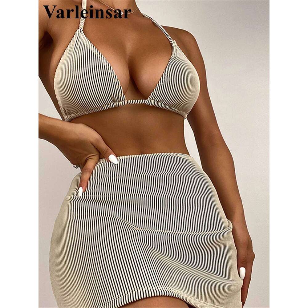 S - XL New With Skirt Ribbed Halter Female Swimsuit Women Swimwear Three-pieces Bikini set Bather Bathing Suit Swim V4351 XJ260206