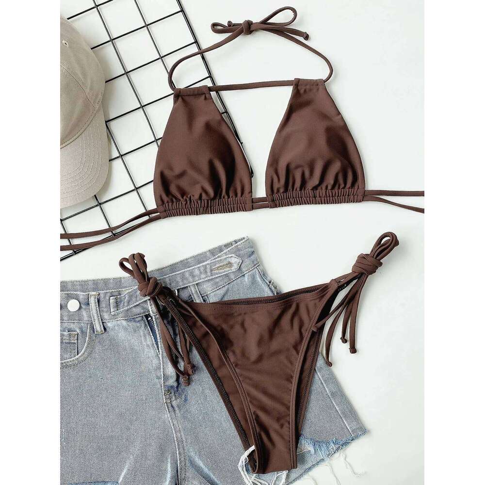 2025 Sexy Solid Bandage Halter Strappy Swimwear Women Swimsuit Female Two Pieces Bikini Set Low Waist Bathing Suit Bather XJ260206