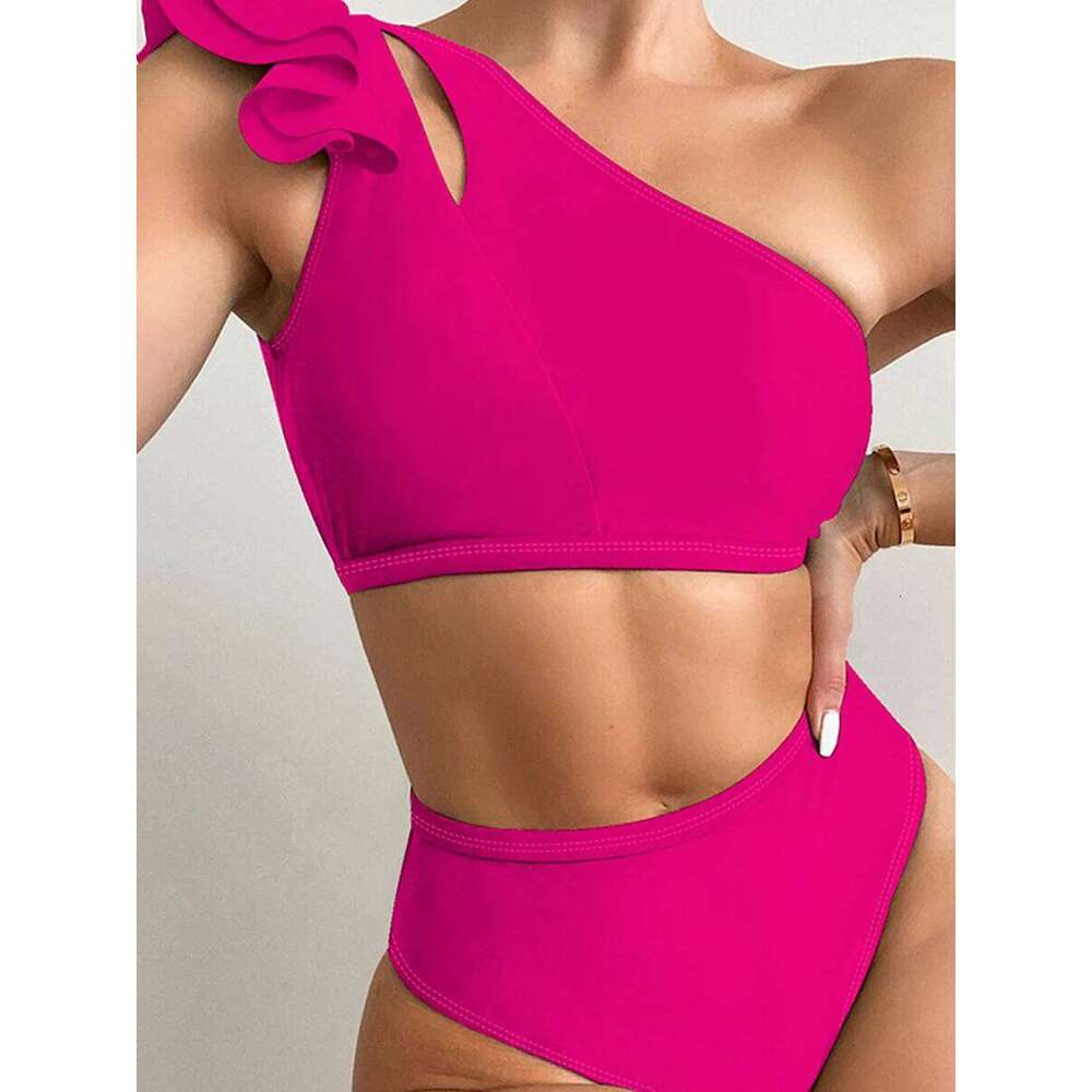 One Shoulder Bikinis 2025 Women Ruffle Swimsuit Solid High Waist Swimwear Female Padded Bathers Bathing Swimming Suit Beachwear XJ260206
