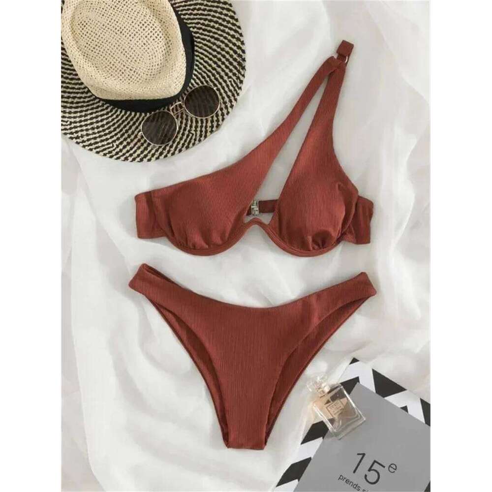 Sexy One Shoulder Bikini Set 2025 Women Red Black Push Up Underwire Micro Swimsuit Brazilian Cut Out Bathing Suit Thong Swimwear XJ260206