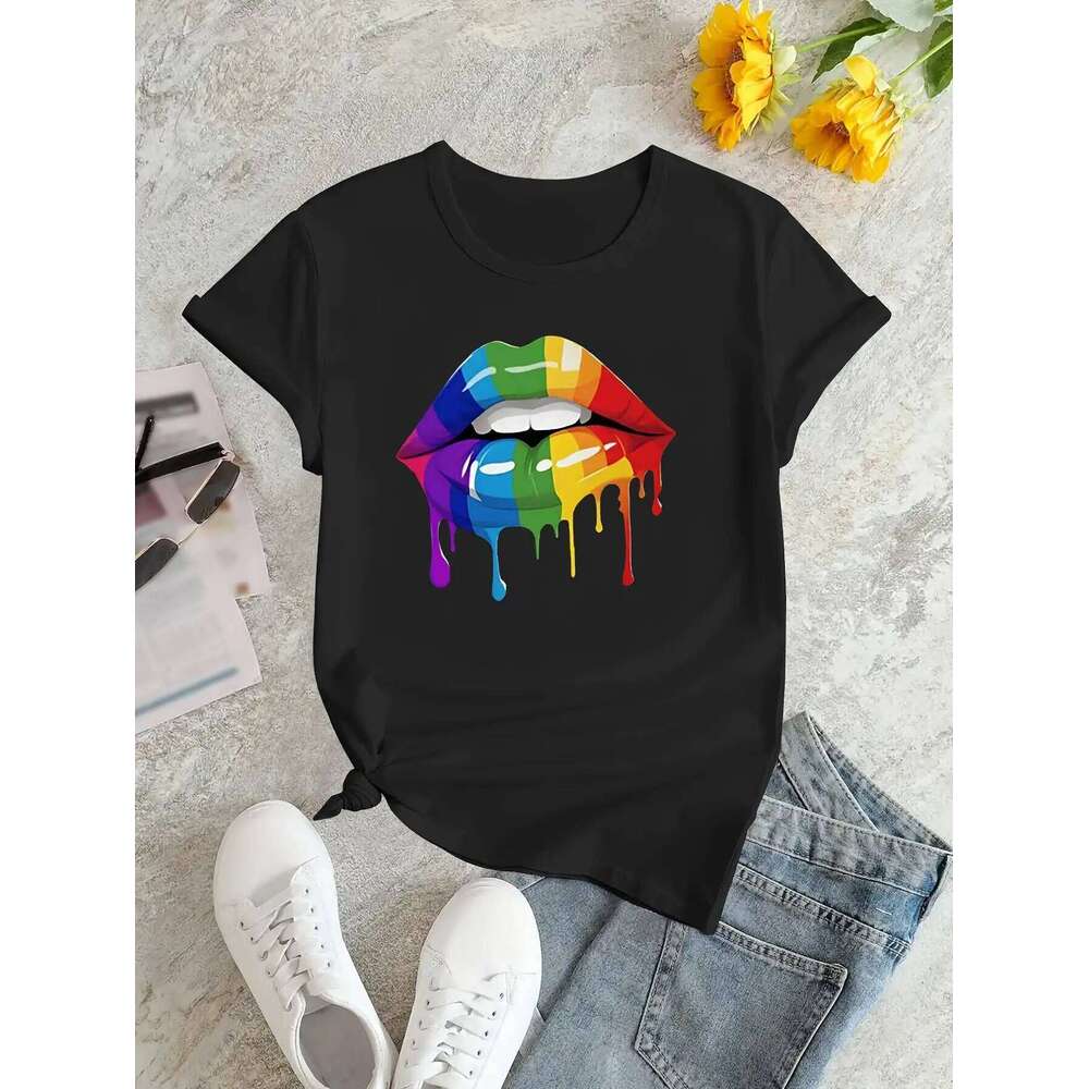 Women's Vibrant Multicolored Print Casual Crew Neck T-Shirt 2023 Collection Fashion Top for Spring Summer Short Sleeve XJ260306