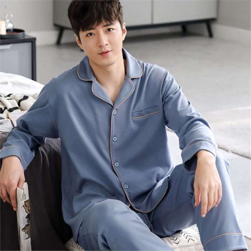 Men's Pajamas Spring Autumn, New Pure Cotton Cardigan With Sleeves And Long Pants, Korean Style Casual Home Set Suitable For Outdoor Wear