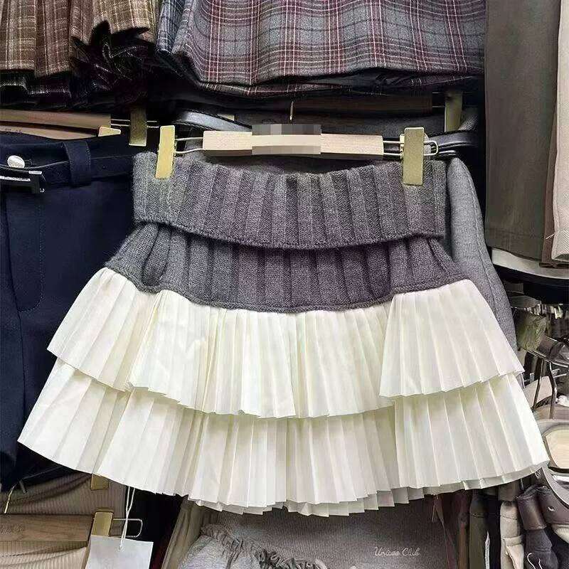 Knit White Autumn Winter A Line Short Woman Elastic Waist Women Knitted Black Mini Pleated Skirt XJ260309