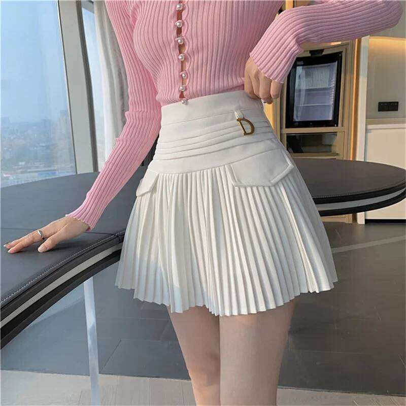White Pleated Waist Skater Female Korean A-Line High Fashion Casual Short Skirt Women Bottoms XJ260309