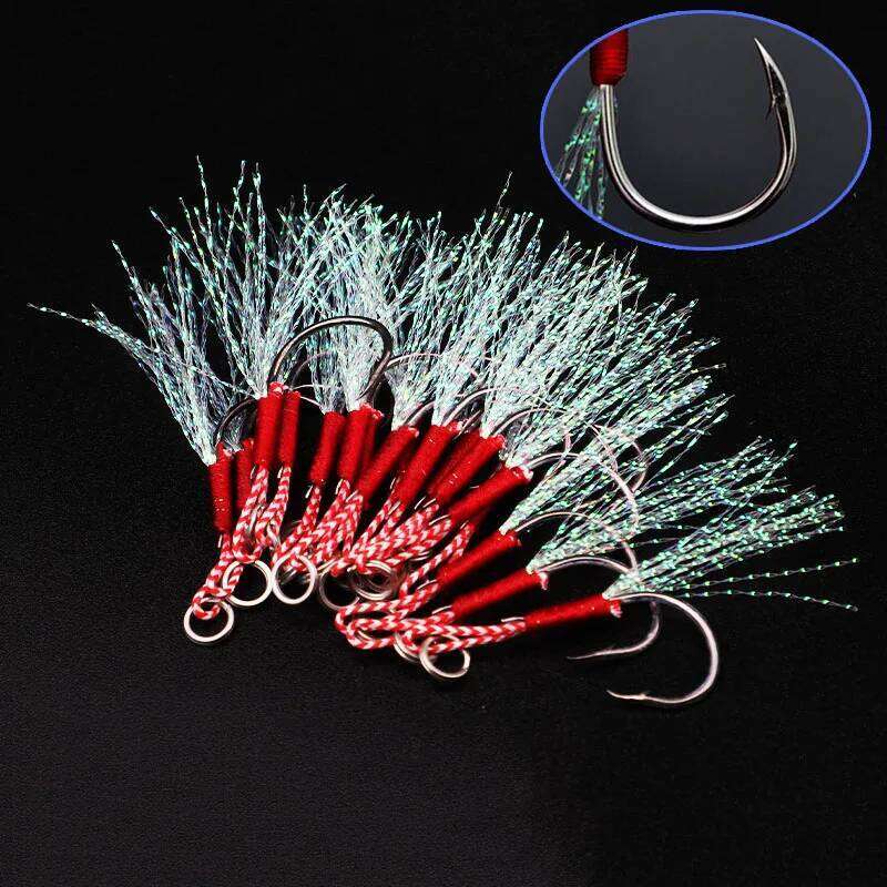 10/80pc Hooks10#-17# Assist Hooks Single Jig Fishhook With Thread Feather Luminous Barbed Sea Hook For Fishing Lure S260305