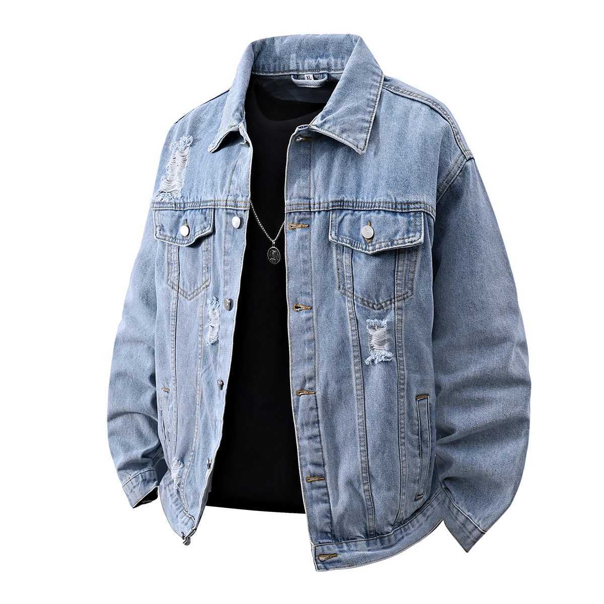 Spring Loose Denim Jacket Men Cotton Hole Casual Coat Preppy Style Harajuku Streetwear Denim Outwear Male Chic Jackets Plus Size M260309