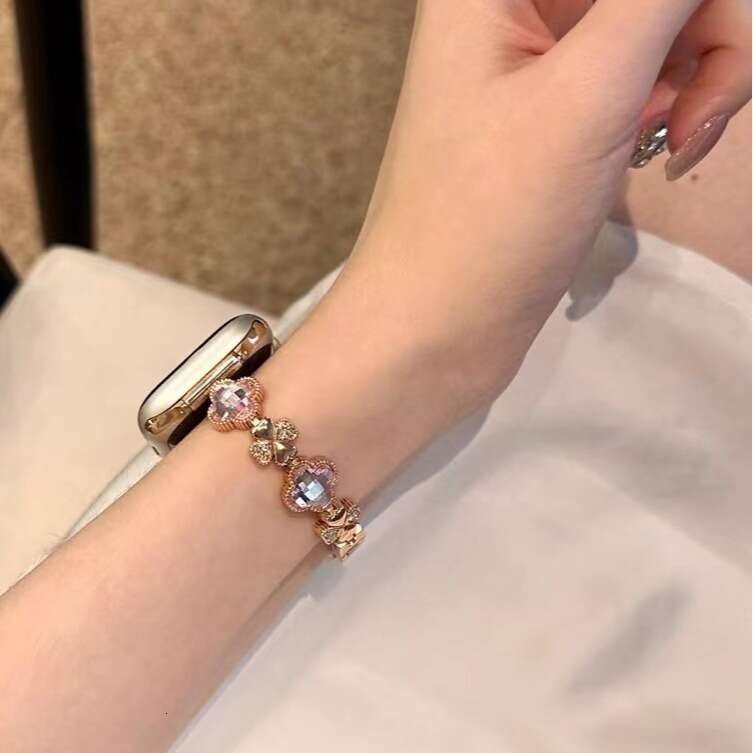 Watch Band Clover Pink For Apple Watch Luxury Gold Metal Bracelet with Sparkly Rhinestones For iWatch Crystal