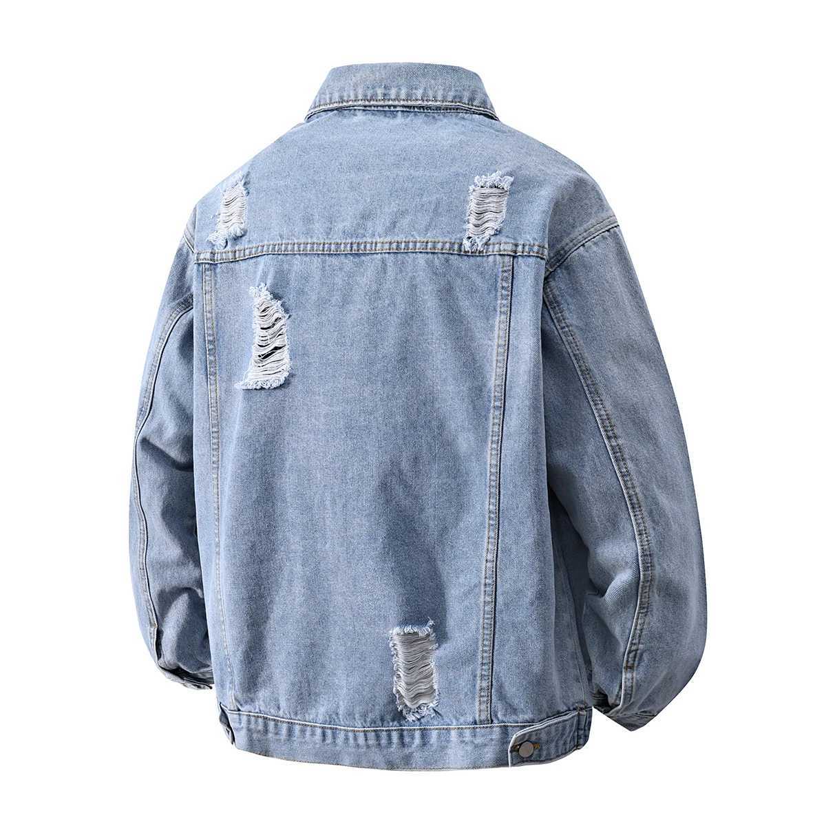 Spring Loose Denim Jacket Men Cotton Hole Casual Coat Preppy Style Harajuku Streetwear Denim Outwear Male Chic Jackets Plus Size M260309