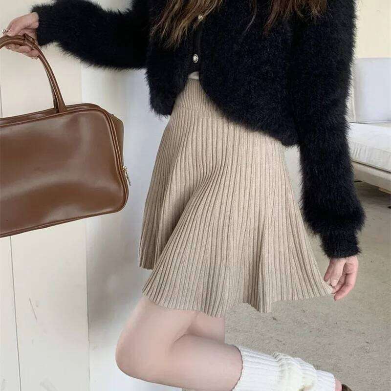 Solid Color All-Match Pleated Mini Woman Autumn Winter High Waist Slimming Knit Skirts Simple Casual Basic A-Line Skirt XJ260309