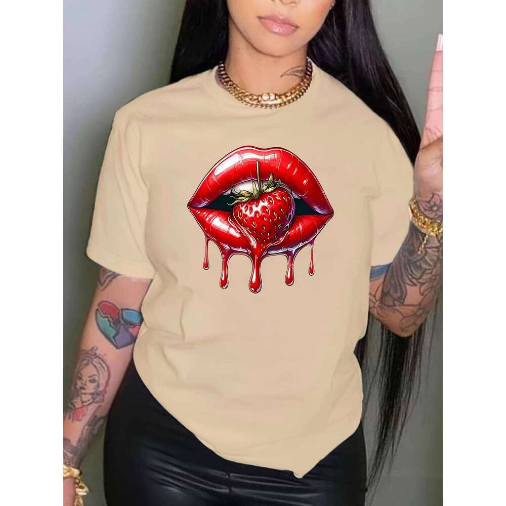 Women's Casual Sleeve T-Shirt Vibrant Orange Graphic Tee with Red Lips Strawberry Print Sleeved Harajuku Streetwear Tops Tees XJ260306